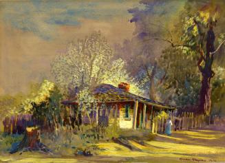 Painting shows a one storey residential house with some trees around it.