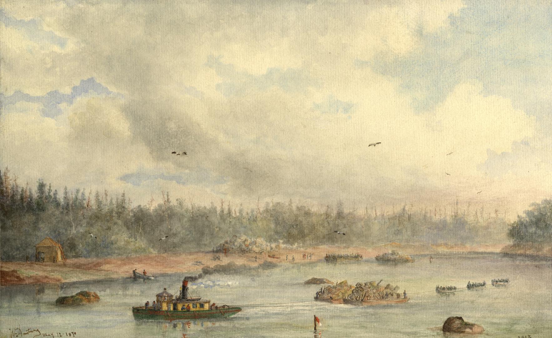 A painting of a very rural waterway, with a steamer in foreground, in approximately 1869.
