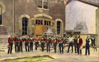 Historic photo from 1874 - Colourized photo of firefighters, Boustead steam fire engine at Fire Hall No 3. (became St. Charles Tavern in 1950)  in Church-Wellesley Village
