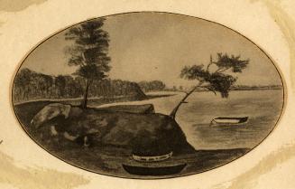 Image shows waterfront with some trees and a few boats.