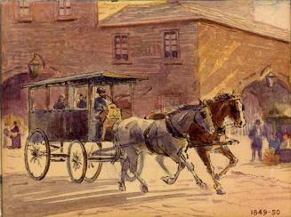 Williams Omnibus (in use 1849-1850), shown in front of Market (1831-1849), King Street East, south side, between Market & Jarvis Streets