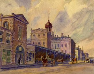 St. Lawrence Market. north Market (1850-1904), Front Street East, north side, between Market & Jarvis Streets, showing east side before alterations of 1898. Toronto, Ontario