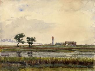 Watercolour of a marsh landscape with reeds and shallow water in the foreground, two trees at l…