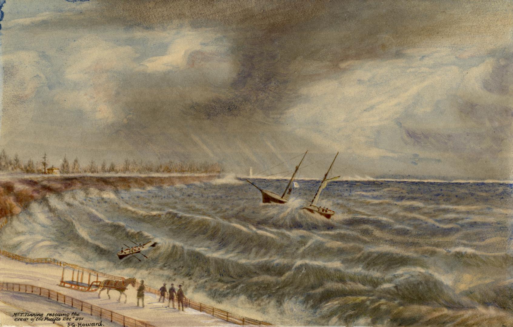 Pacific, schooner, rescue of crew by Thomas Tinning, looking southeast from shore near High Park