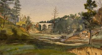 Painting shows a ravine and a bridge in the background.