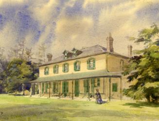 Watercolor image shows a two storey residential house with some trees on both sides.