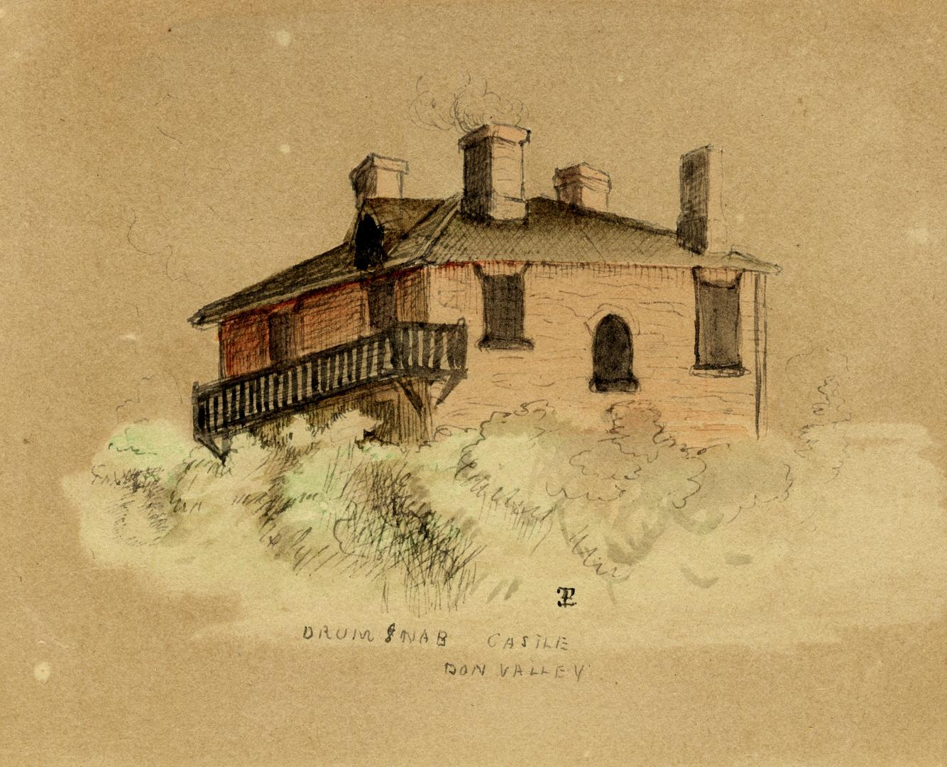 Painting shows a house with a balcony and four chimneys.