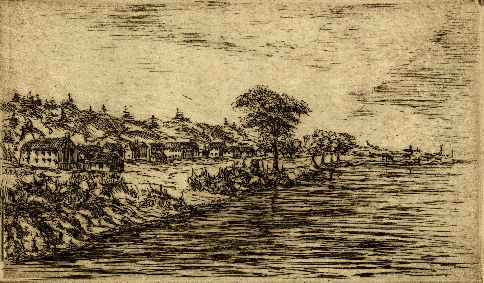 Image shows some houses and trees by the water.