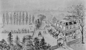 Historic photo from 1897 - Sketch of Caer Howell Hotel in the winter with horse drawn carriages and distinctive gate in Discovery District