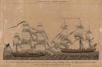 Vintage illustration of two large war ships titled A Scene on Lake Ontario 