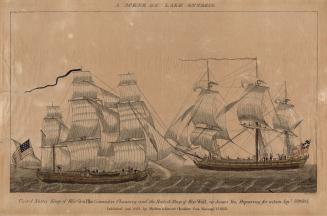 Vintage illustration of two large war ships titled A Scene on Lake Ontario 