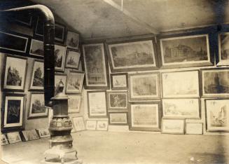 Historic photo from 1900 - Colborne Lodge art gallery in High Park; interior showing paintings up to the ceiling in High Park