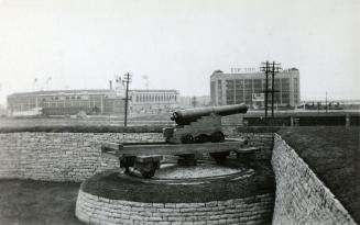 Historic photo from 1934 - Fort York, looking south east past Tip Top Tailors and the Maple Leaf Baseball Stadium in Fort York