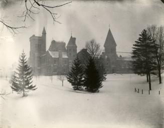 Historic photo from Thursday, February 28, 1889 - University College, east facade from the Monument - snowstorm of 1889 in University of Toronto (U of T)
