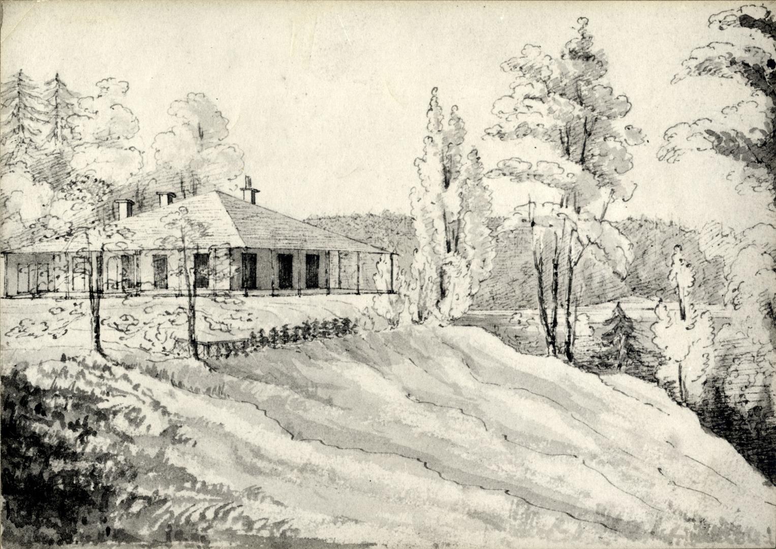 Image shows a house with some trees around in winter.