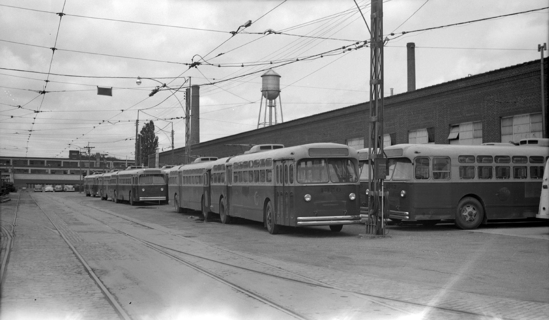 Image shows a few parked trolley buses.