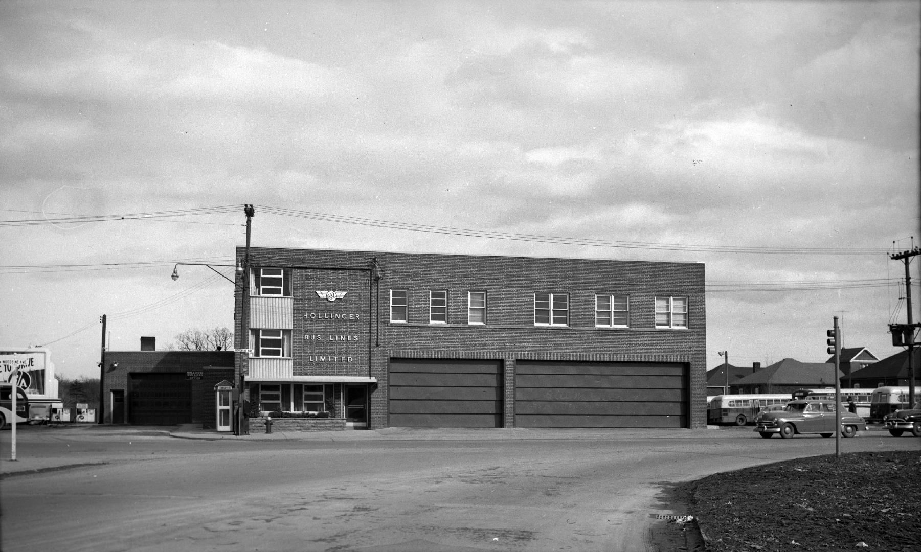 Hollinger Bus Lines, Offices & garage, Woodbine Avenue, southeast corner O'Connor Drive, looking east