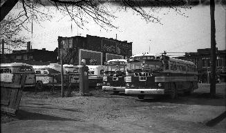 West York Coach Lines, garage [parking lot], Dundas Street West, southwest corner Pacific Avenue, looking north to Dundas St., showing, l. to r., buses #490 & #491 in foreground