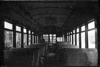 T.T.C., #2120, Interior, at Eglinton carhouse. Image shows an interior of the rail car that has ...
