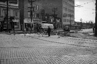 Yonge Street looking south from Eglinton Avenue, showing removal of streetcar tracks. Image sho…