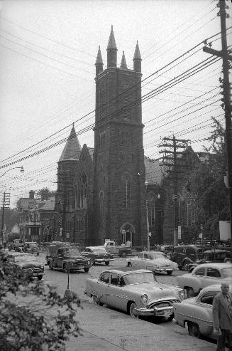 Bloor St. Presbyterian (United) Church (opened 1892), Bloor Street West, northwest corner Huron St., aftermath of fire
