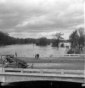 Humber River, looking northwest, showing Macdonald-Cartier Freeway bridge