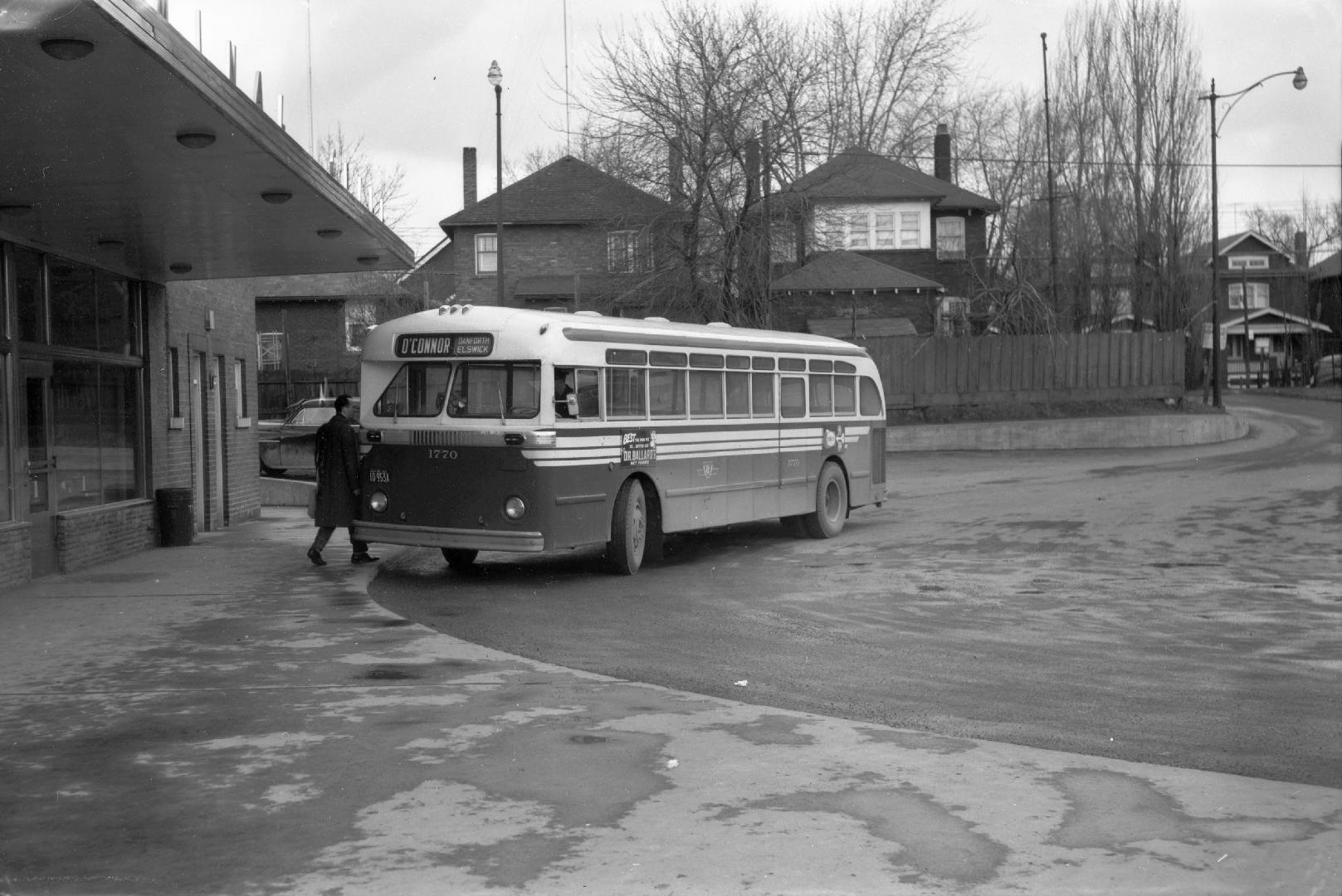 T.T.C., bus #1770, at former Hollinger Bus Lines terminal, Danforth Avenue, north side, between Coxwell & Woodington Aves