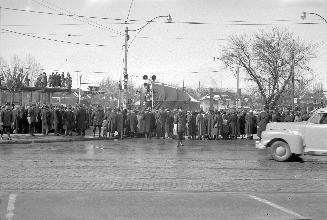 T.T.C., Yonge St. subway; opening ceremonies outside Davisville station, looking west from Yong ...