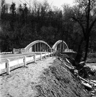 Don Mills Road., bridge over East Don River at forks of Don, looking south