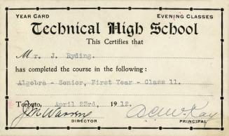 Year card, evening Classes, Technical High School