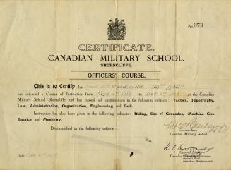 Certificate : Canadian Military School, Shorncliffe : officers' course