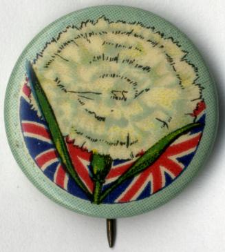 A round pin bearing a white carnation flower whose green stems mirror raised arms, overlaid on  ...