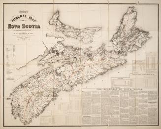 Church's Mineral Map of Nova Scotia shewing by symbols the outcrop of the known coal seams, gold-bearing quartz-veins and ore-beds containing minerals of economic value and importance