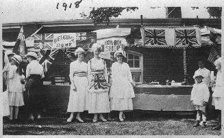 St. Cuthbert's Anglican Church (built 1914-1938), Bayview Avenue, southeast corner St. Cuthbert's Road., reception to welcome returned troops, showing three Shuttleworth sisters in centre
