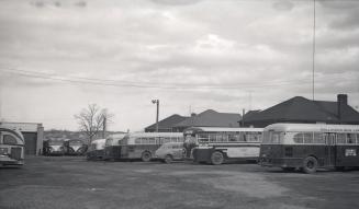 Hollinger Bus Lines, garage, Woodbine Avenue, southeast corner O'Connor Drive, looking southeast, Toronto, Ontario