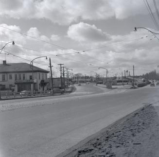 Lakeshore Boulevard W., looking southwest from e. of The Queensway, showing approach to Queen Elizabeth Way & T.T.C. Queensway Loop