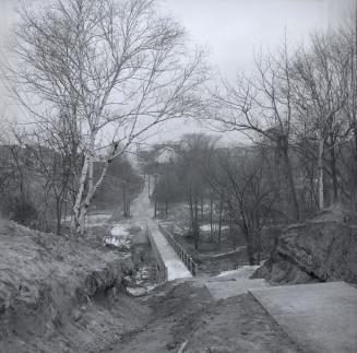 Mimico Creek, showing Berry Road foot bridge, looking e