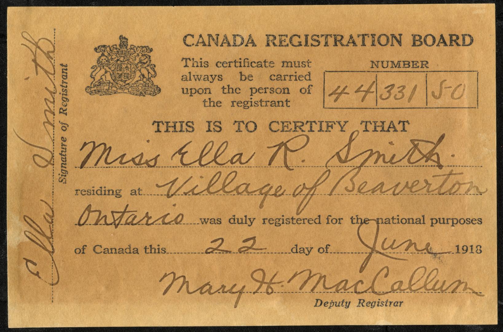 Canada Registration Board : this certificate must always be carried upon the person of the registrant
