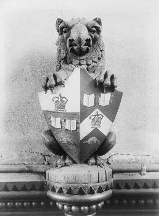 University College, Interior, west hall, coat of arms of University of Toronto and of University College impaled