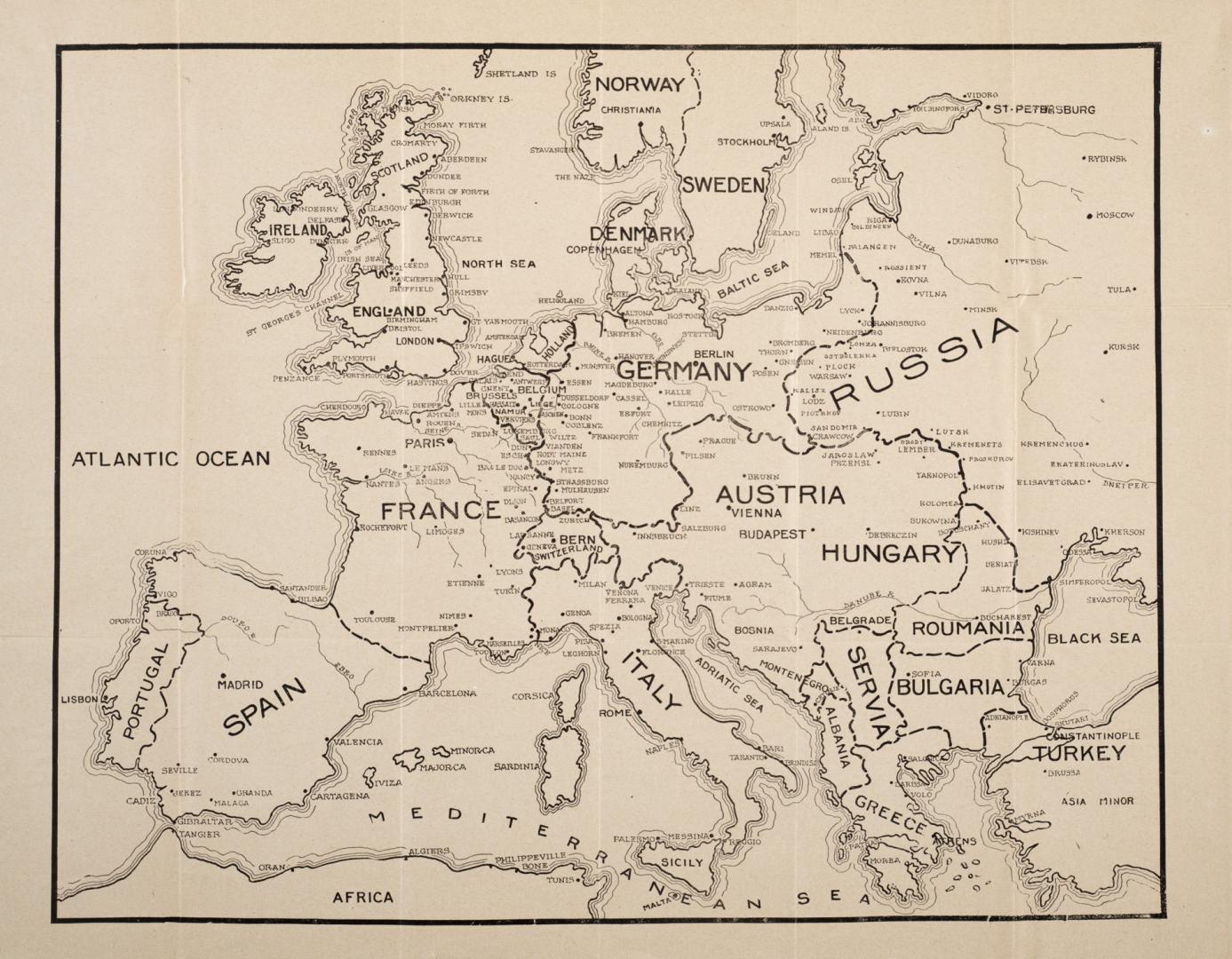 European war map showing the countries involved, principal cities, towns, and fortified positions