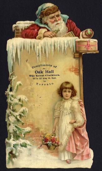 Illustration of a young girl standing outside a house in winter. She is wearing a white nightgo ...