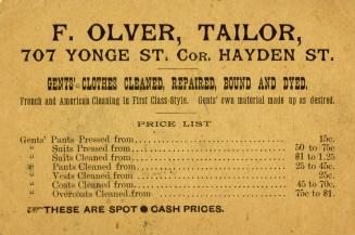 F. Olver, tailor, 707 Yonge St., cor. Hayden St.