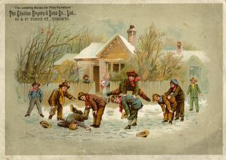 Charming winter scene with a group of boys playing leapfrog in the snow. There is a small cotta ...