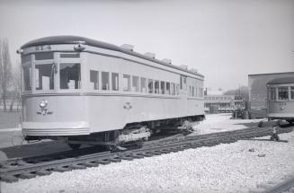 Subway Car #RT. 4, at Davisville yards. Image shows a streetcar on the tracks.