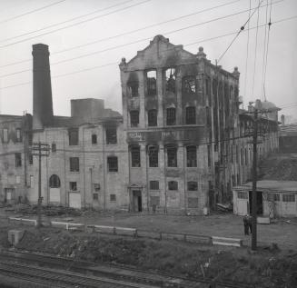 Historic photo from Tuesday, April 16, 1957 - Reinhardt Brewery Company, after Central Storage Company warehouse fire (was Don Roadway West) in Regent Park