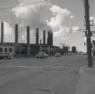Historic photo from Saturday, August 17, 1957 - C.P.R., Runnymede Yards and roundhouse, Runnymede Rd., s.w. cor. St. Clair Ave. W.; looking w. along St. Clair Ave. W. from Runnymede Rd. in Runnymede
