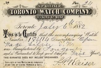 S. P. Kleiser, Toronto Watch Company, 115 King St. West