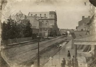 Historic photo from 1860 - Opening of the first rail line north of Bloor - Yonge St. looking n. from n. of Asquith Ave. - Yorkville Town Hall in Yorkville