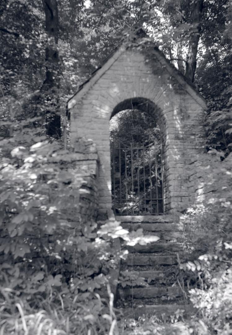Image shows a few steps leading towards the gates surrounded by trees.