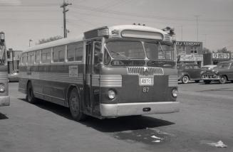 Danforth Bus Lines, bus #87, at garage, Danforth Avenue, south side, between Elward Boulevard & August Avenue, looking north to Danforth Avenue